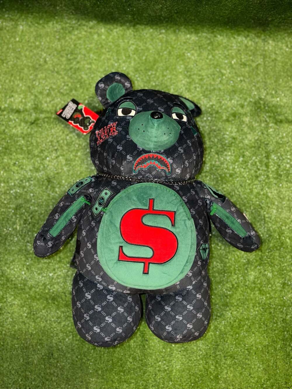 Sprayground Black & Green Bear Backpack with Red Dollar Logo